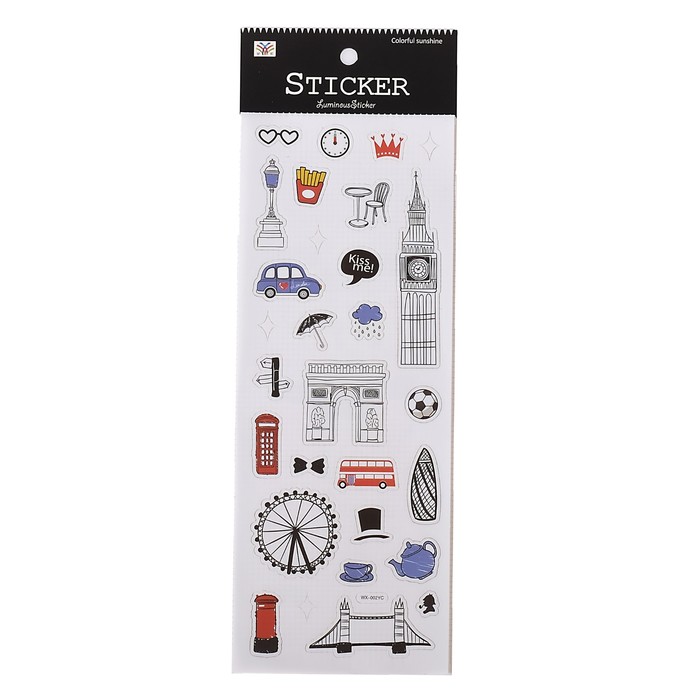 Наклейка пластик фосфорная "Достопримечательности" МИКС 30х10,5 см