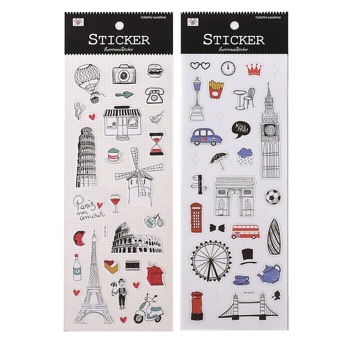 Наклейка пластик фосфорная "Достопримечательности" МИКС 30х10,5 см