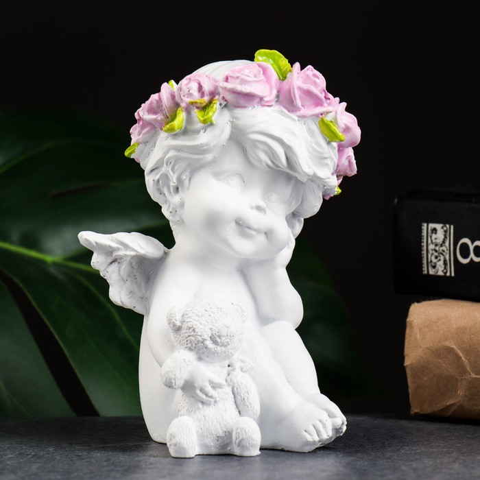 Фигура "Ангелочек с медведем" белый 9х10х13см