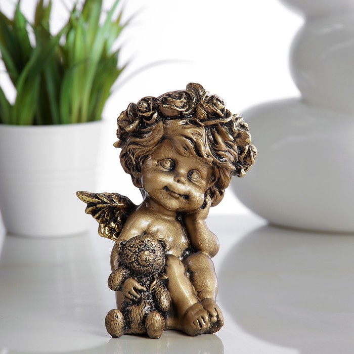 Фигура "Ангелочек с медведем" золото 9х10х13см