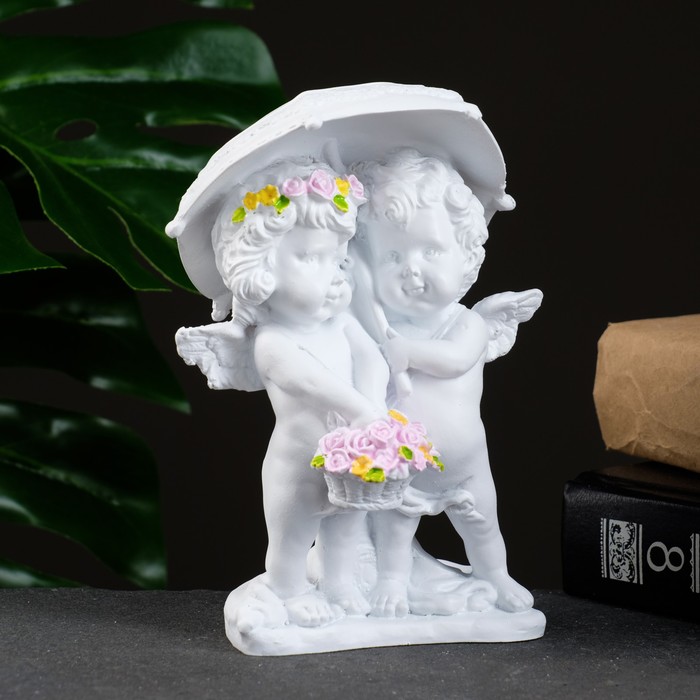 Фигура "Ангелочки под зонтом" белый 12х10х16см