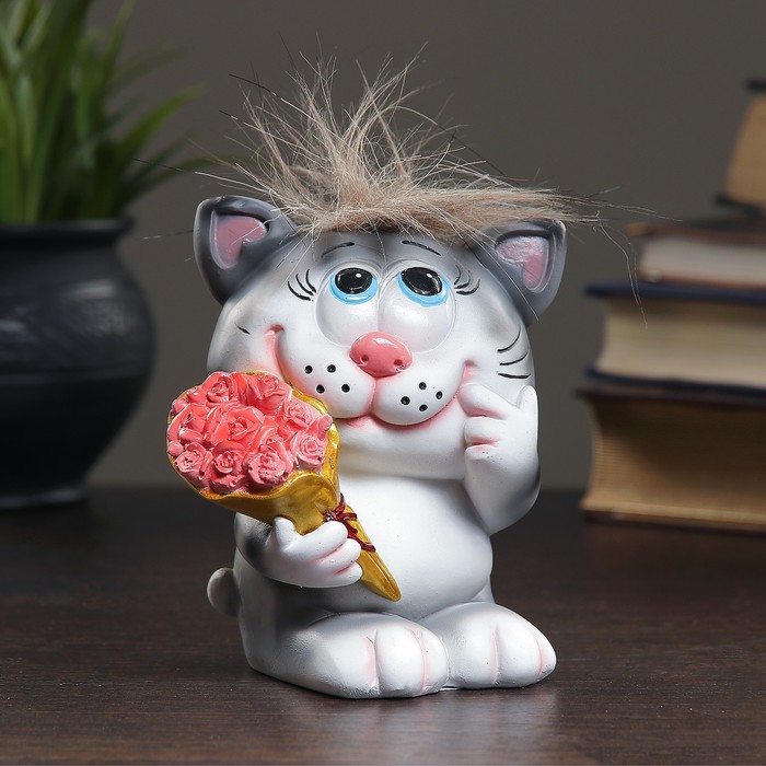 Копилка "Влюбленный Котик" серый чуб 11х9х13см