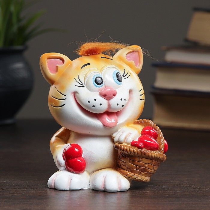 Копилка "Котик с корзиной сердец" рыжий чуб 11х10х13см