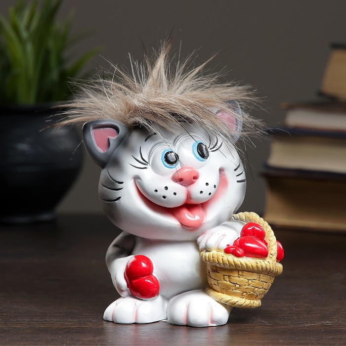 Копилка "Котик с корзиной сердец" серый чуб 11х10х13см