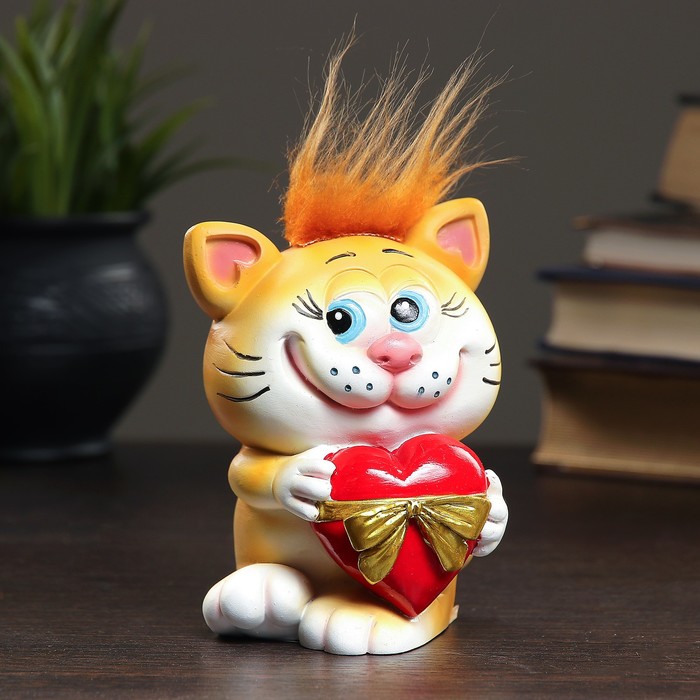 Копилка "Котик с сердцем" рыжий чуб 10х9х13см