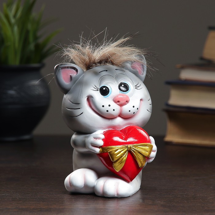 Копилка "Котик с сердцем" серый чуб 10х9х13см