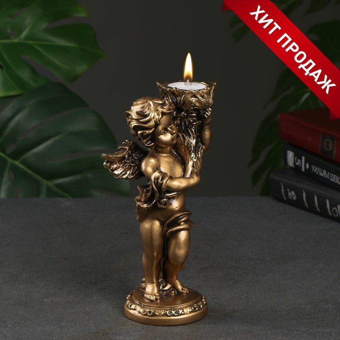 Подсвечник "Ангелочек" в левой руке, золото, 14х8х22 см, для свечи d=3,5 см