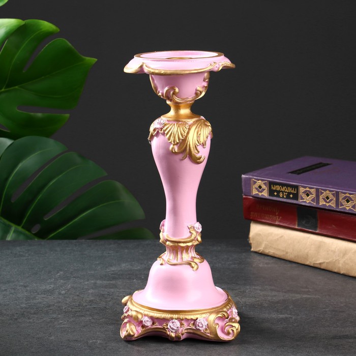 Подсвечник "Резной с квадратным основанием" розовый 12х12х27см
