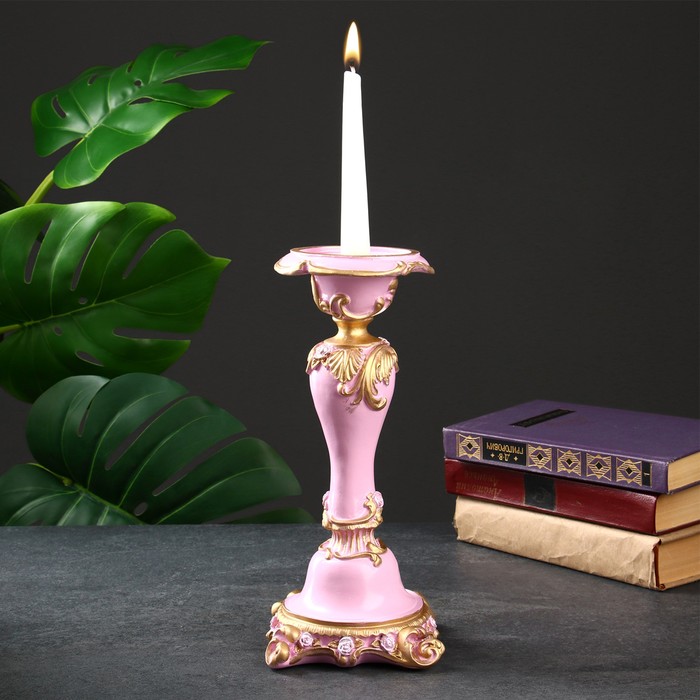Подсвечник "Резной с квадратным основанием" розовый 12х12х27см