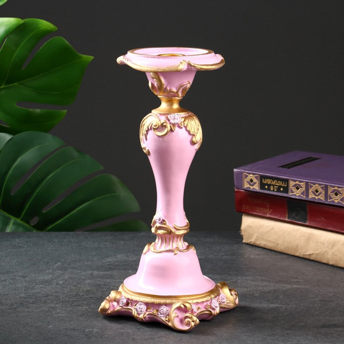 Подсвечник "Резной с квадратным основанием" розовый 12х12х27см