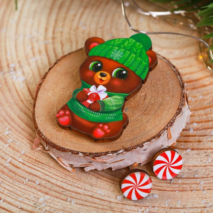 Набор украшений в шаре "Мишка", серёжки, значок, 7 см