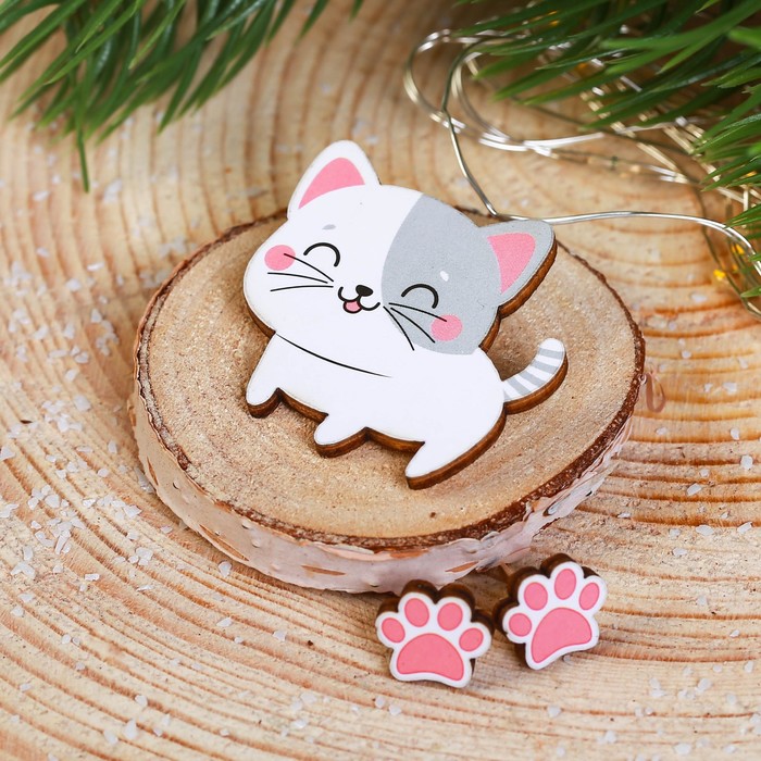 Набор украшений в шаре "Котик", серёжки, значок, 7 см