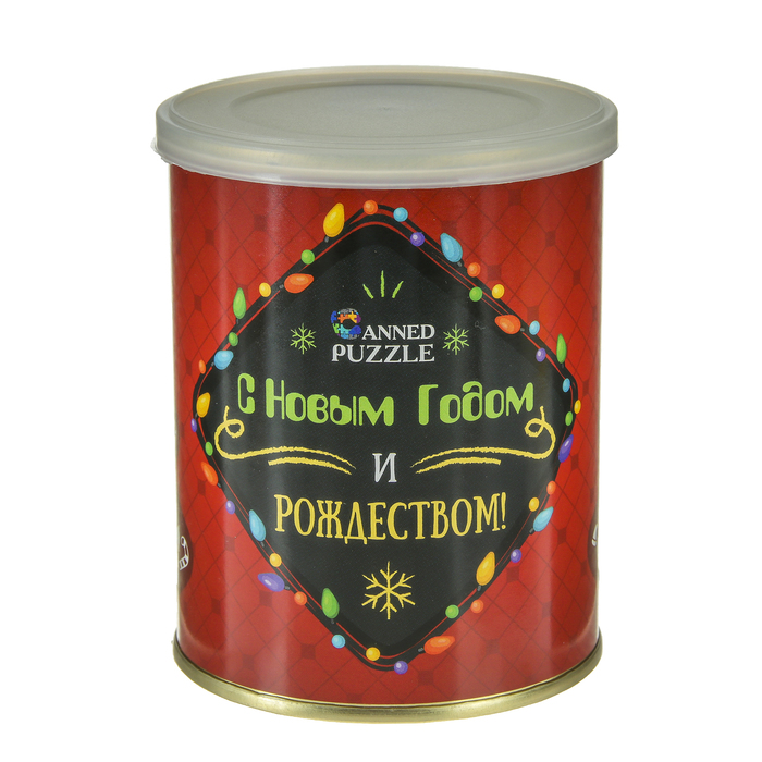 Пазл-елка в консервной банке "Елка новогодняя красная" (200х250 мм, набор 53 детали)