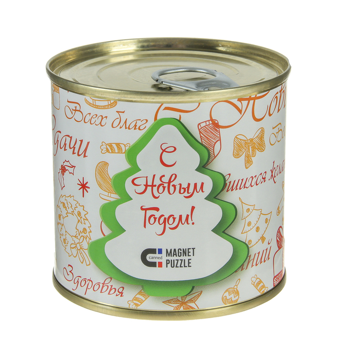 Магнитный пазл в консервной банке "Елка с пожеланиями" (200х250 мм, набор 53 детали)