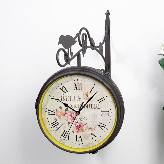 Двойные настенные часы черные,  круглые,цветы на циферблате, 34*9*40 см