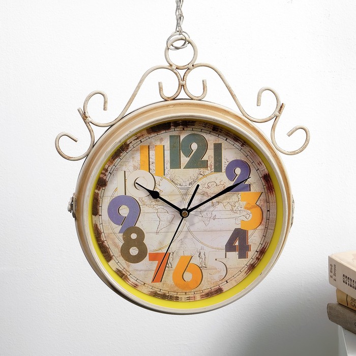 Двойные настенные часы , круглые, цветные цифры, цвет слоновой  кости 45*9*51 см