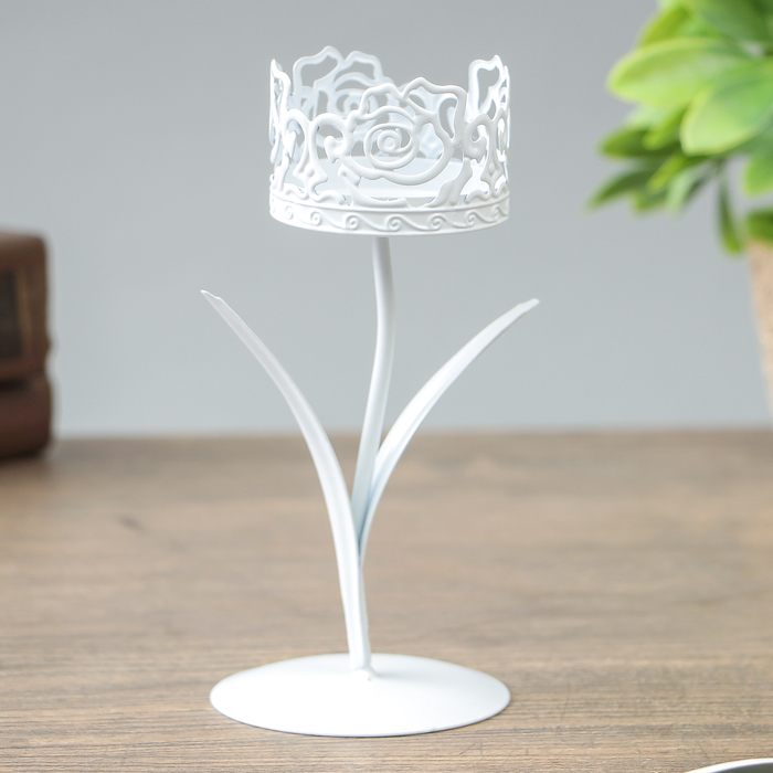 Подсвечник металл на 1 свечу "Розарий" белый 14,5х6,5х6,5 см