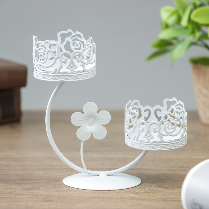 Подсвечник металл на 2 свечи "Розарий" белый 13,5х12,5х6,5 см