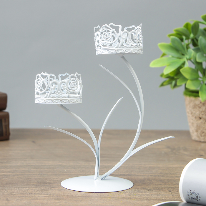 Подсвечник металл на 2 свечи "Розарий" белый 20х14,5х8,2 см