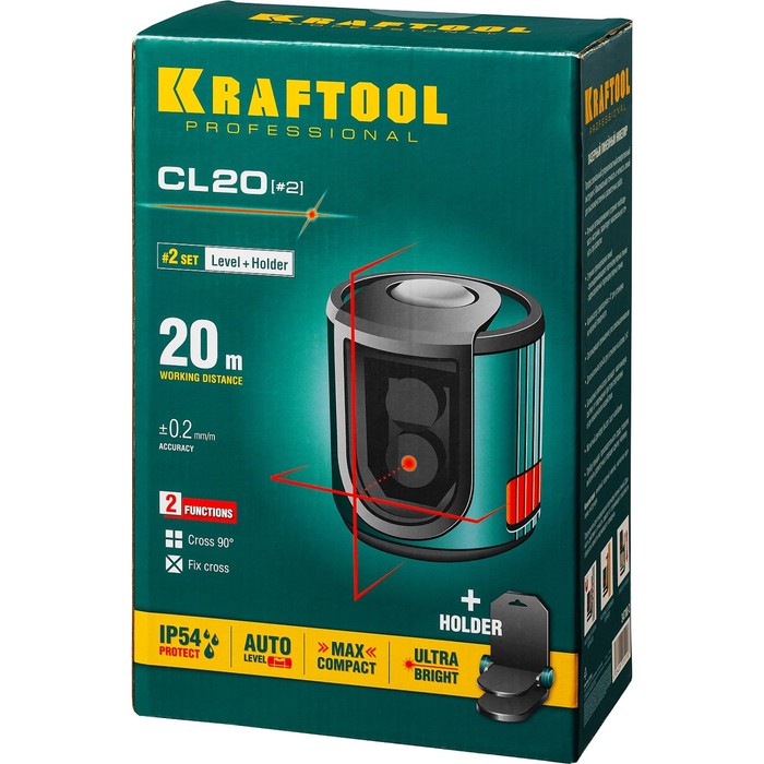 Нивелир лазерный линейный KRAFTOOL CL 20 34700-2, сверхъяркий, 20 м, 0.2 мм/м, ± 4°, IP54