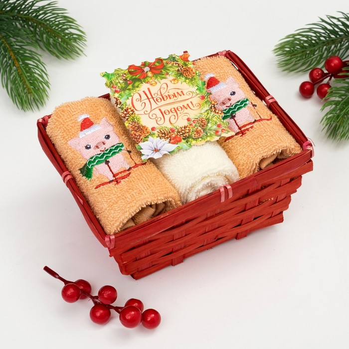 Набор полотенец "Лыжники" 30х30 - 3 шт., 100% хл., 340 гр/м2