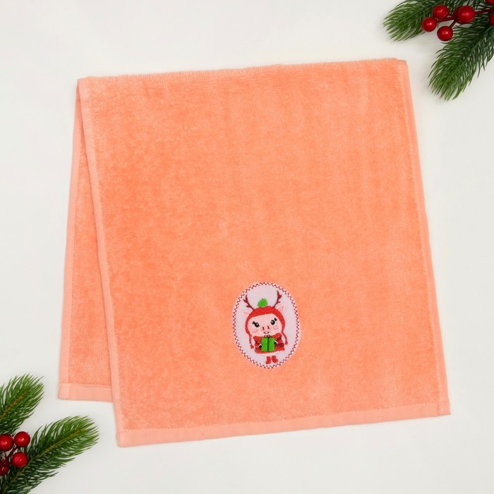 Полотенце махровое с вышивкой "Подарочек" 30х60см, 340 г/м2, 100% хлопок