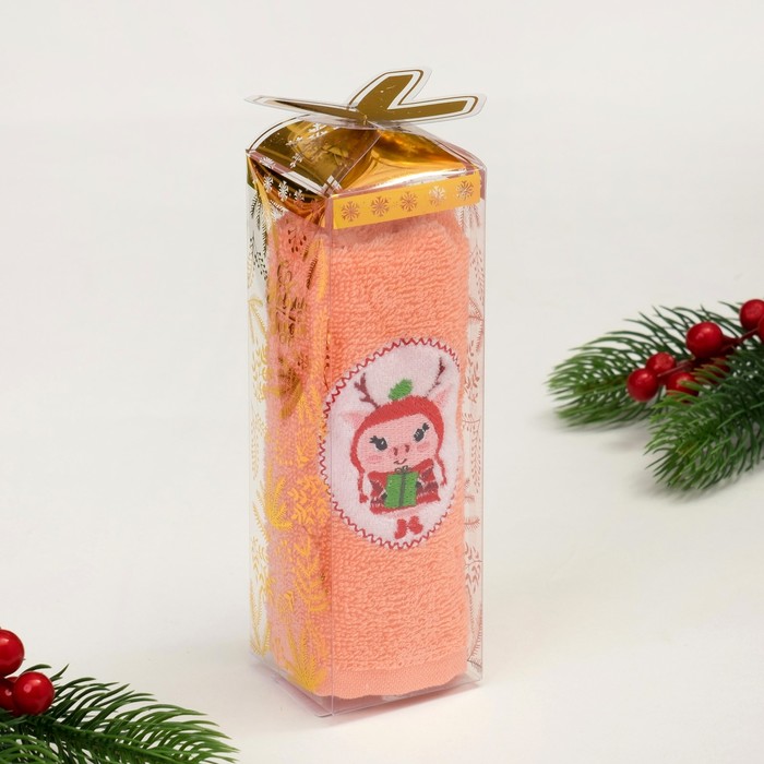 Полотенце махровое с вышивкой "Подарочек" 30х60см, 340 г/м2, 100% хлопок