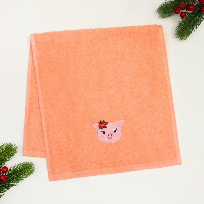 Полотенце махровое с вышивкой "Свинка" 30х60см, 340 г/м2, 100% хлопок