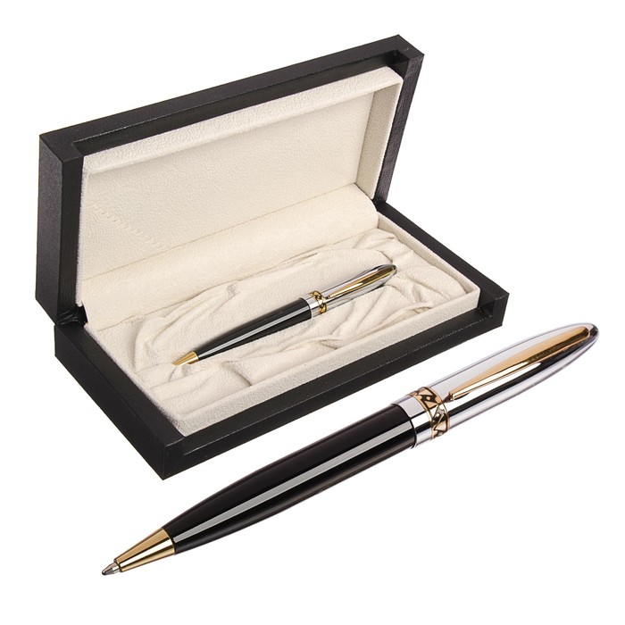 Ручка подарочная шариковая в кожзам футляре поворотная Грань корпус черно-серебристый