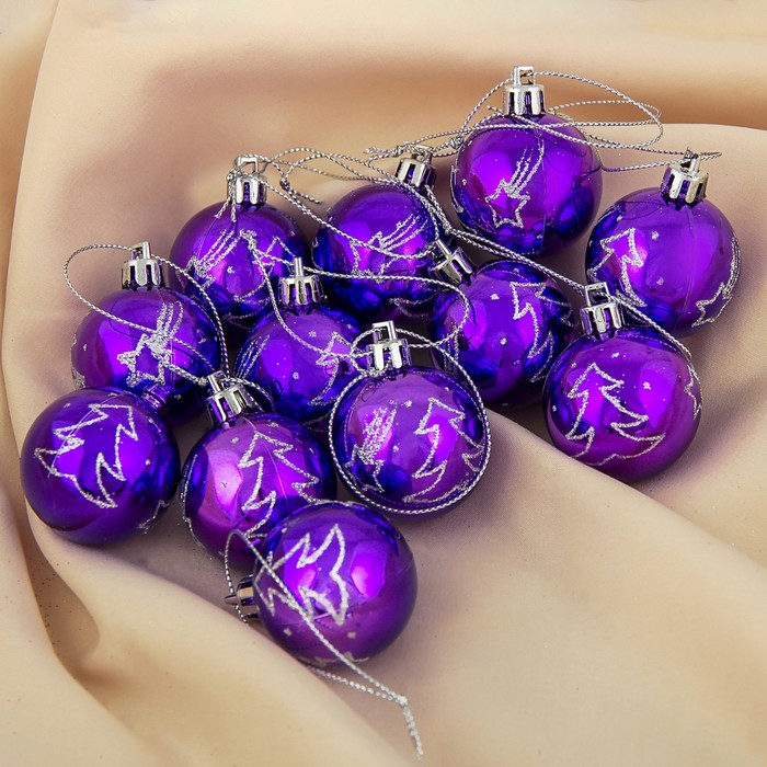 Набор шаров пластик d-4 см 12 шт "Елочка кантик" фиолетовый