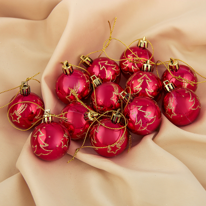 Набор шаров пластик d-4 см 12 шт "Елочка кантик" красный