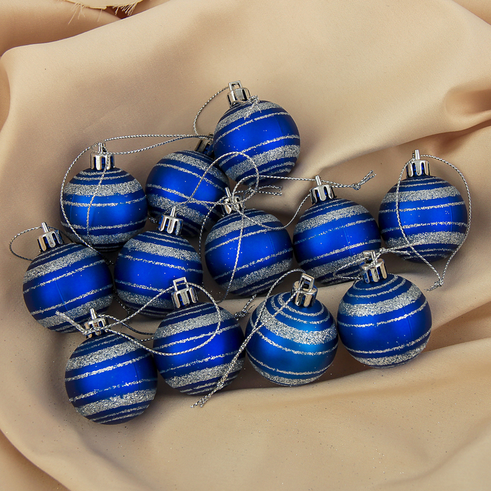 Набор шаров пластик d-4 см 12 шт "Полоска" синий