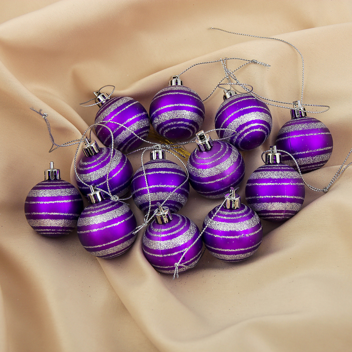 Набор шаров пластик d-4 см 12 шт "Полоска" фиолетовый