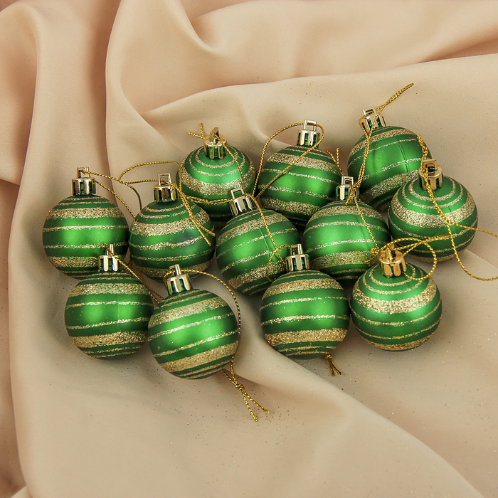 Набор шаров пластик d-4 см 12 шт "Полоска" зеленый