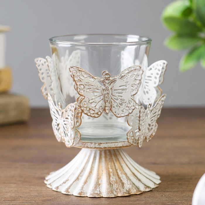 Подсвечник металл 1 свеча "Бабочки ажурные" золотая патина 10,8х8,8х8,8 см