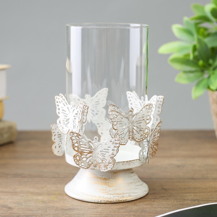 Подсвечник металл 1 свеча "Бабочки ажурные" золотая патина 17,5х13х13 см