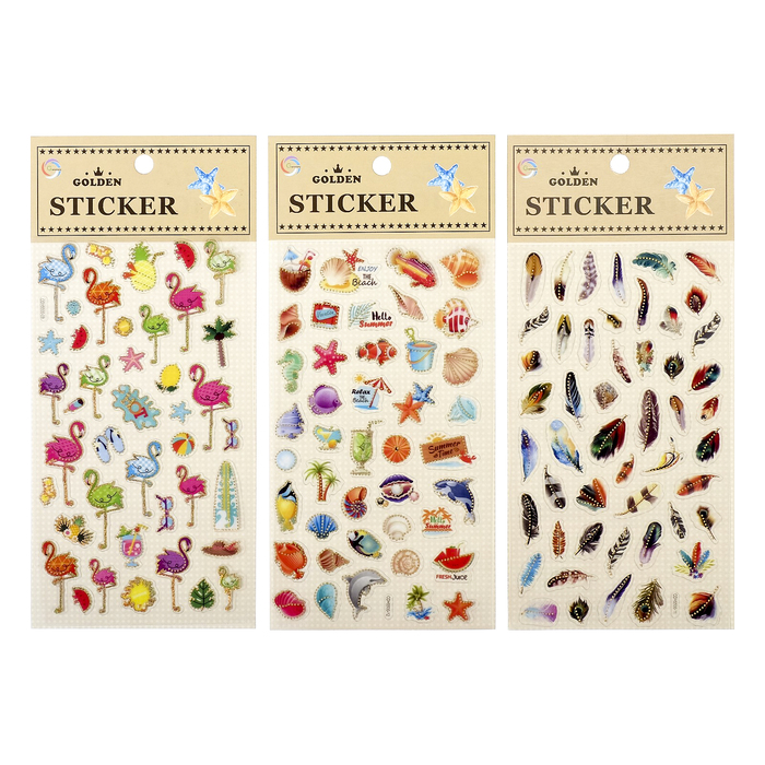 Наклейки пластик с золотом "Перышки/Ракушки/Фламинго" МИКС 21,5х10 см