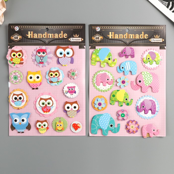 Наклейка бумага 6D "Слоны/Совы" МИКС 25,5х17,5 см