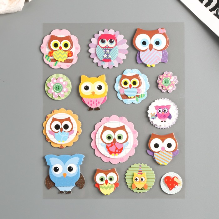 Наклейка бумага 6D "Слоны/Совы" МИКС 25,5х17,5 см