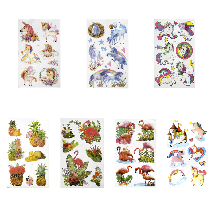 Наклейка пластик интерьерная "Фламинго/Ананас/Единороги" МИКС 55х34 см