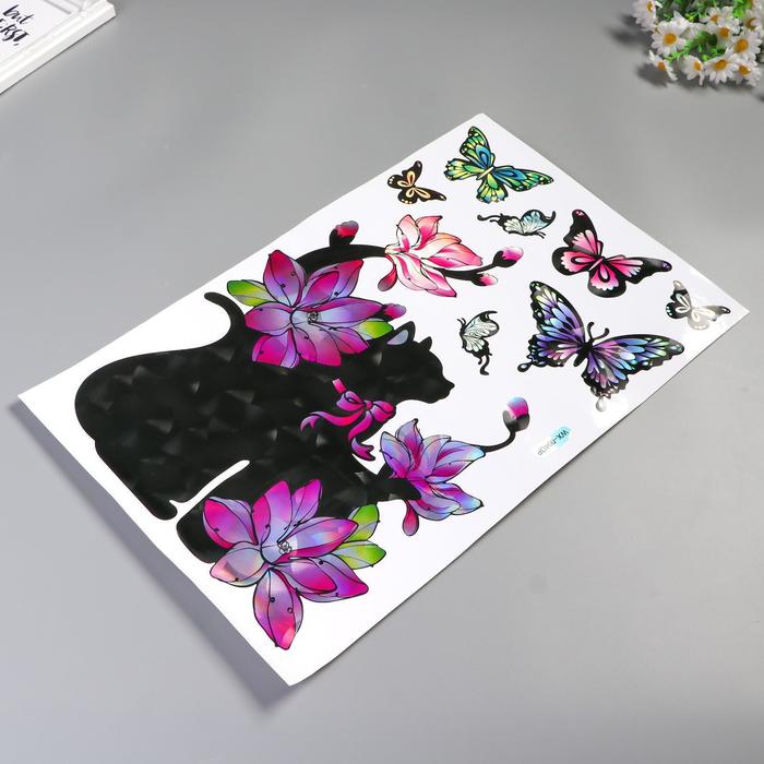 Наклейка пластик интерьерная голография "Котик с цветами" 50х32 см