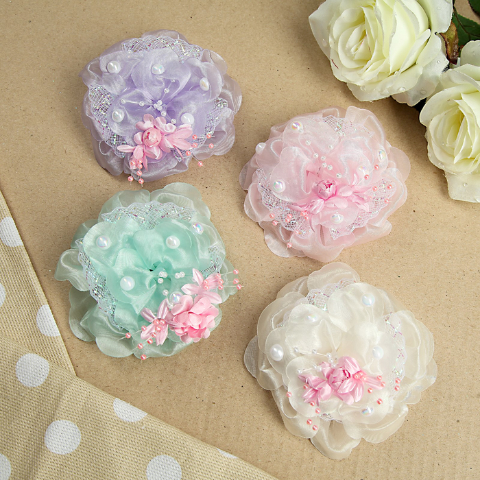 Бант для девочек с резинкой "Летние деньки", 11 см, с декором цветочки, с блестящими лентими, с бусинами, микс