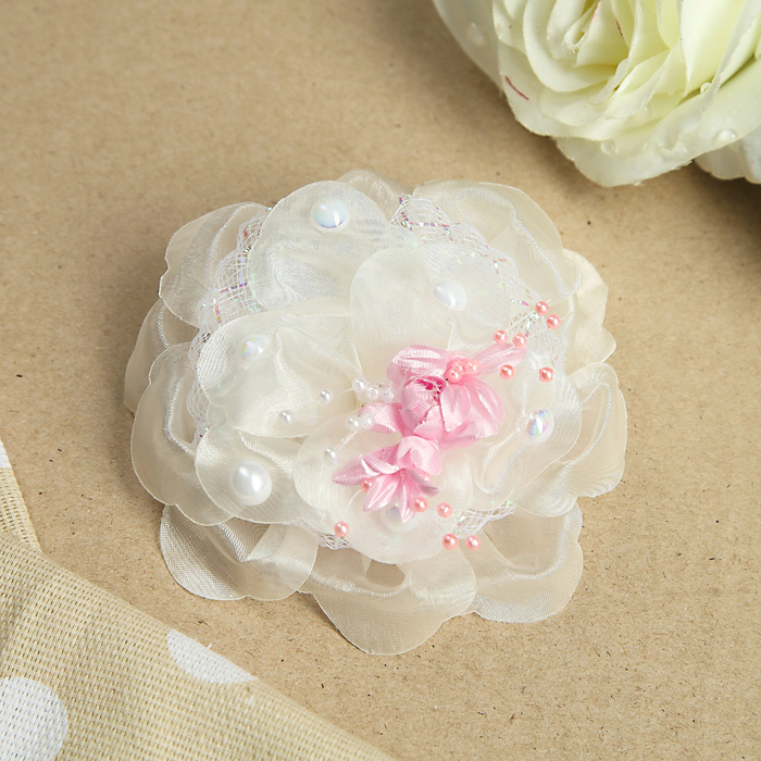 Бант для девочек с резинкой "Летние деньки", 11 см, с декором цветочки, с блестящими лентими, с бусинами, микс