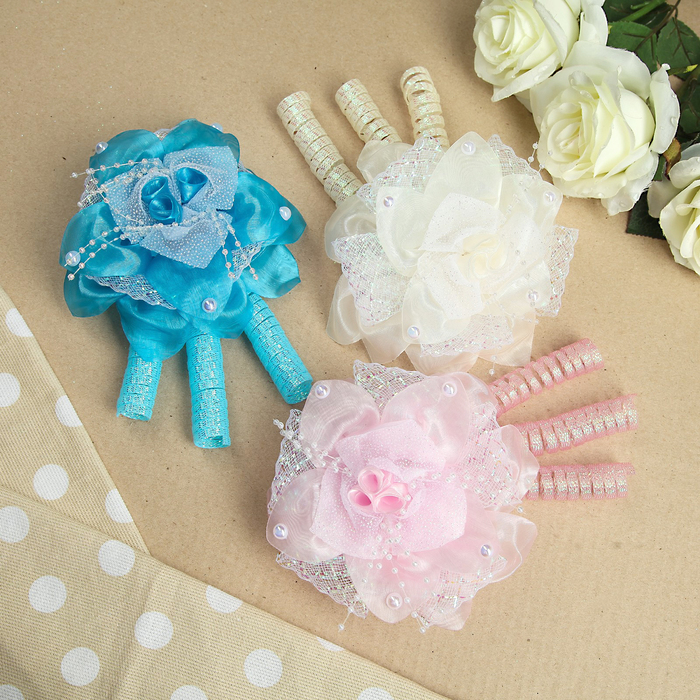 Бант для девочек с резинкой "Дива", 15 см, с жемчужинами, с лентами, микс