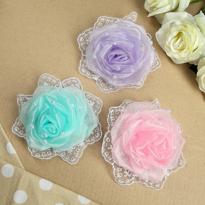 Бант для девочек с резинкой "Обаяшка", 15см, с ажурной окантовкой, с жемчужинами, микс