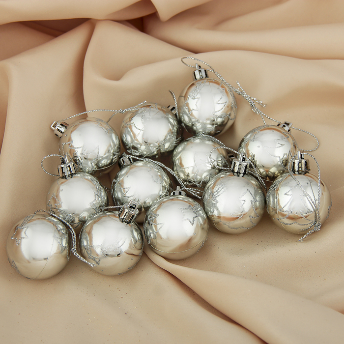 Набор шаров пластик d-4 см 12 шт "Елочка кантик" серебро