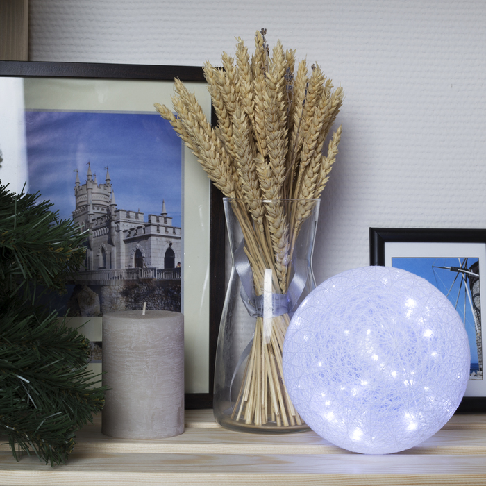 Фигура "Шар плетеный" 15 см, 50 LED-12V, нить белая, адаптер в комплекте, БЕЛЫЙ