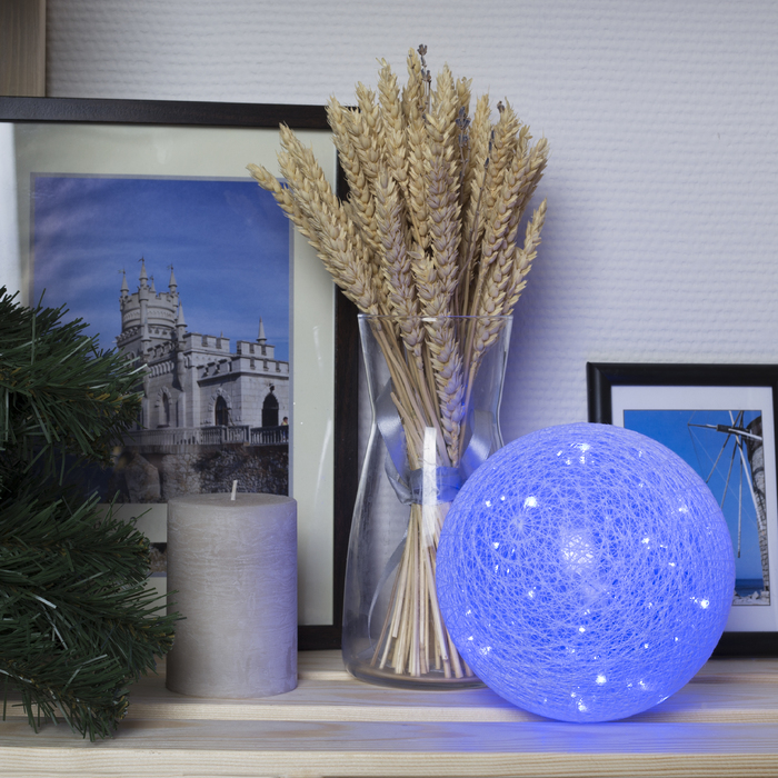 Фигура "Шар плетеный" 15 см, 50 LED-12V, нить белая, адаптер в комплекте, СИНИЙ