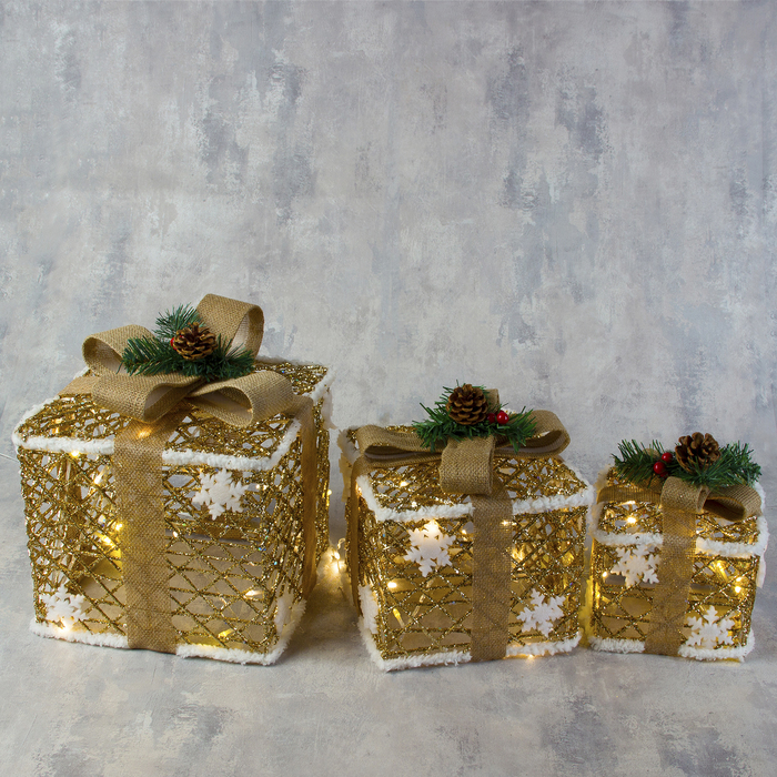 Фигура ткань "Подарки" Кубы 15х20х25 см, 60 LED, 220 В, золотые, золотая лента