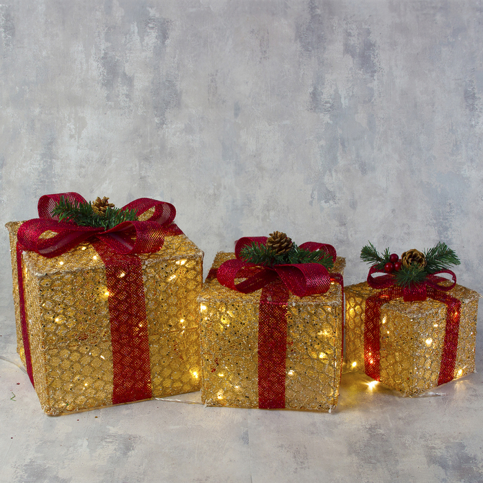 Фигура ткань "Подарки" Кубы 15х20х25 см, 60 LED, 220 В, золотые, красная лента